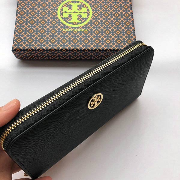 Tory burch Robinson 經典十字纹防刮皮革拉鏈長夾