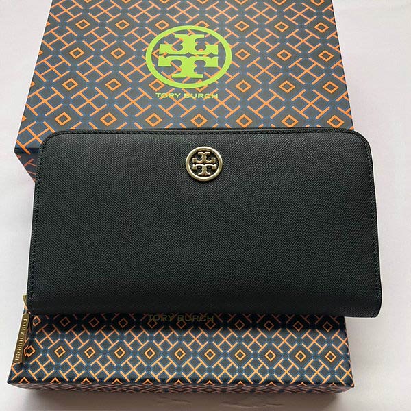 Tory burch Robinson 經典十字纹防刮皮革拉鏈長夾